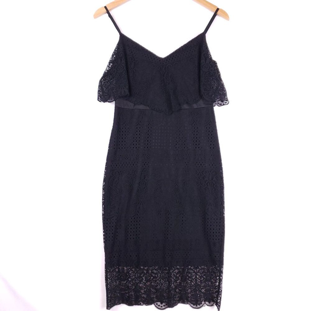 Guess Lace Overlay Bodycon Midi Dress Womens Small Black‎ Ruffle Spaghetti Strap